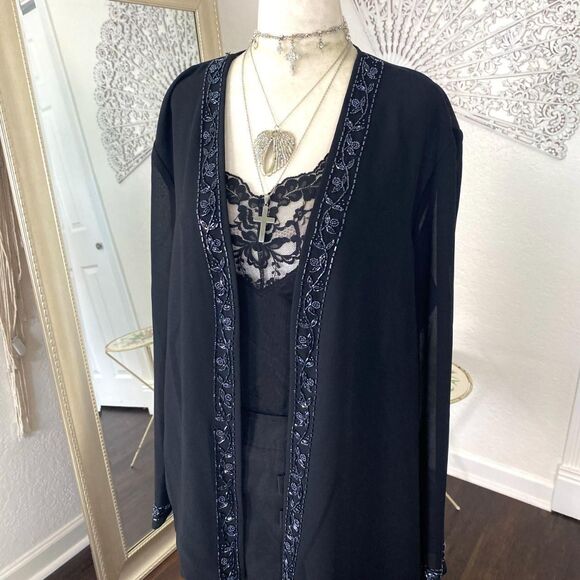 R&M Richards Whimsygoth Beaded Open Front Black Mesh Cardigan 14 / L - Picture 3 of 8